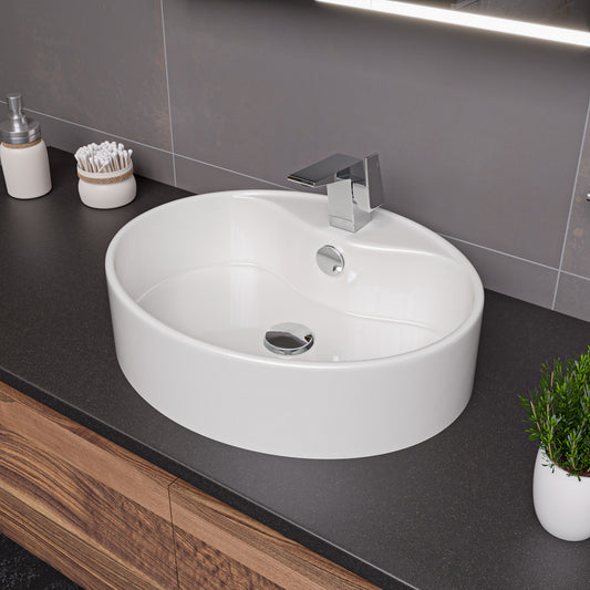 White 22" Oval Above Mount Ceramic Sink with Faucet Hole
