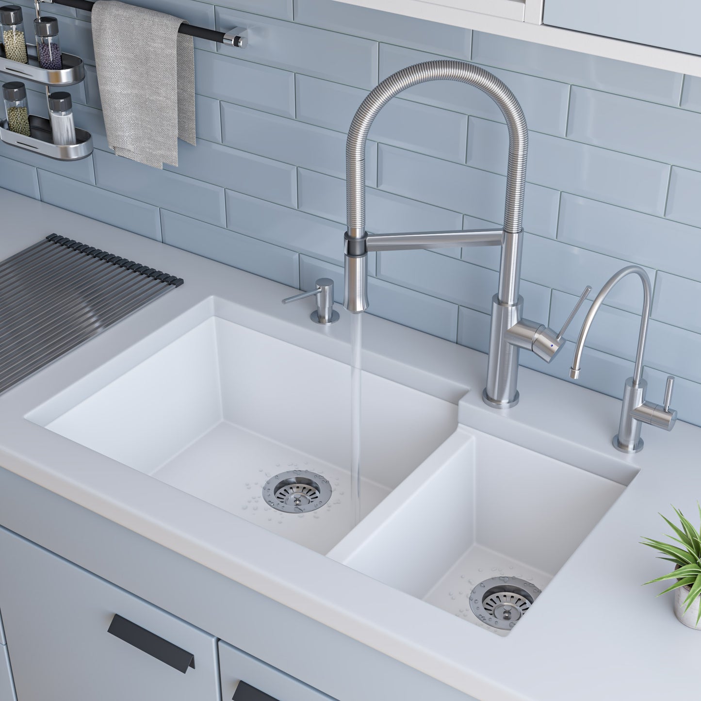White 34" Double Bowl Undermount Granite Composite Kitchen Sink