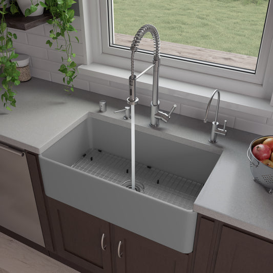 Gray Matte Smooth Apron 33" x 18" Single Bowl Fireclay Farm Sink