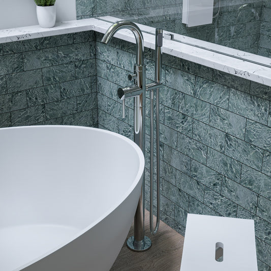 Polished Chrome Single Lever Floor Mounted Tub Filler Mixer w Hand Held Shower Head