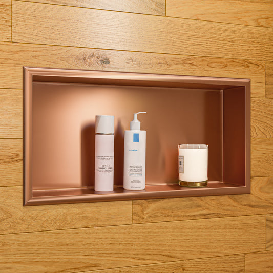24" x 12" Brushed Copper PVD Stainless Steel Horizontal Single Shelf Shower Niche