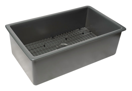 Grey Matte 32" x 19" Single Bowl Fireclay Undermount / Drop In Fireclay Kitchen Sink w Grid