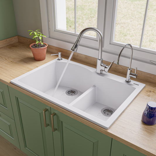 White 33" Double Bowl Drop In Granite Composite Kitchen Sink