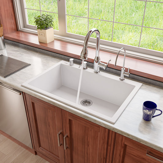 White 33" Single Bowl Drop In Granite Composite Kitchen Sink