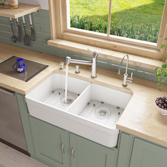 White 32" Double Bowl Lip Apron Fireclay Farmhouse Kitchen Sink with 1 3/4" Lip