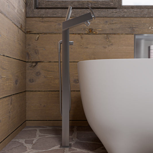Brushed Nickel Floor Mounted Tub Filler + Mixer /w additional Hand Held Shower Head