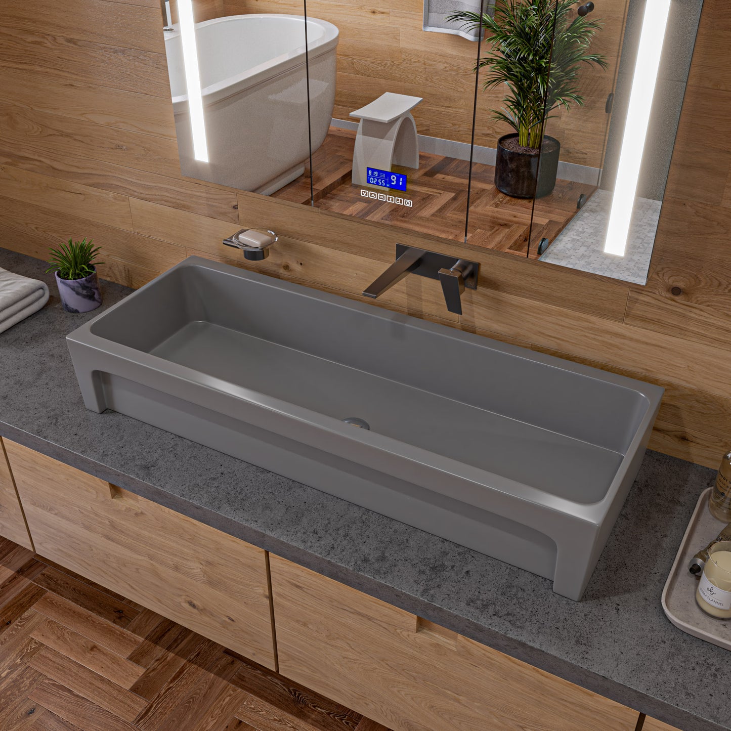 48" Grey Matte Above Mount Fireclay Bathroom Trough Sink