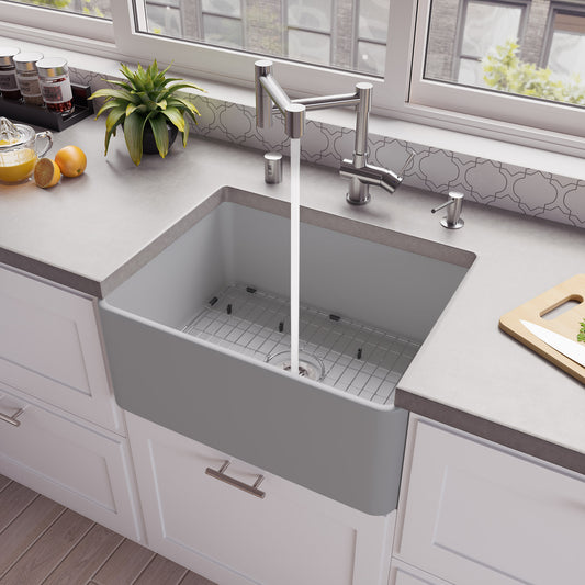 Gray Matte Smooth Apron 24" x 18" Single Bowl Fireclay Farm Sink