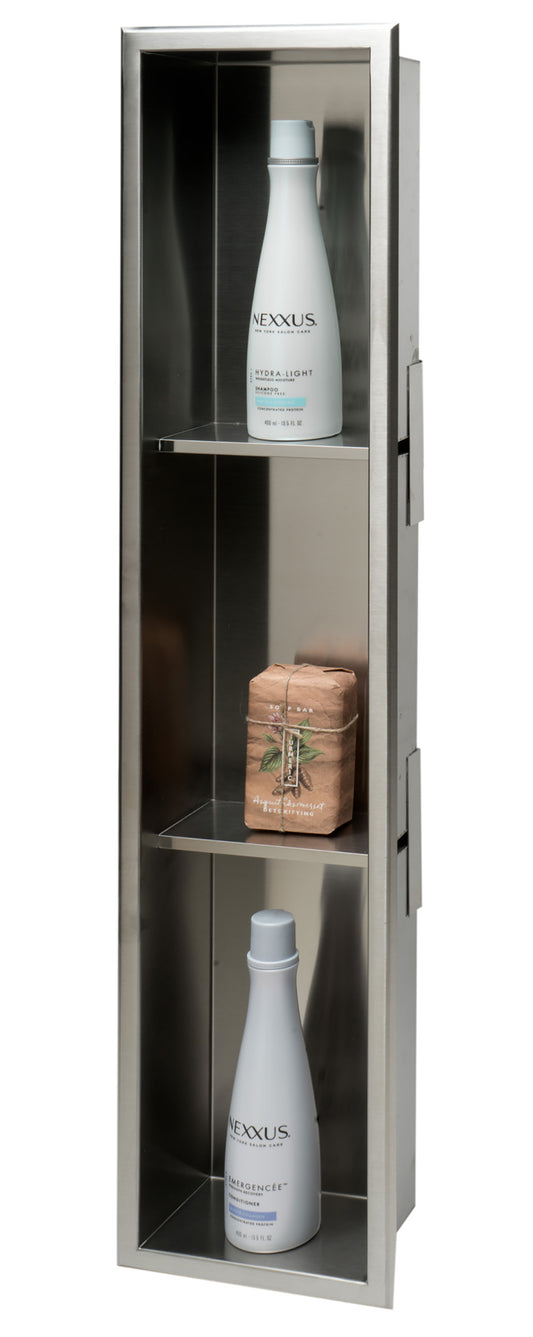 8 x 36 Brushed Stainless Steel Vertical Triple Shelf Bath Shower Niche