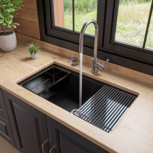Black 33" Granite Composite Workstation Step Rim Single Bowl Undermount Sink with Accessories