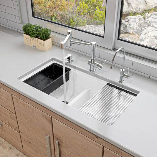 White 33" Granite Composite Workstation Step Rim Double Bowl Undermount Sink with Accessories