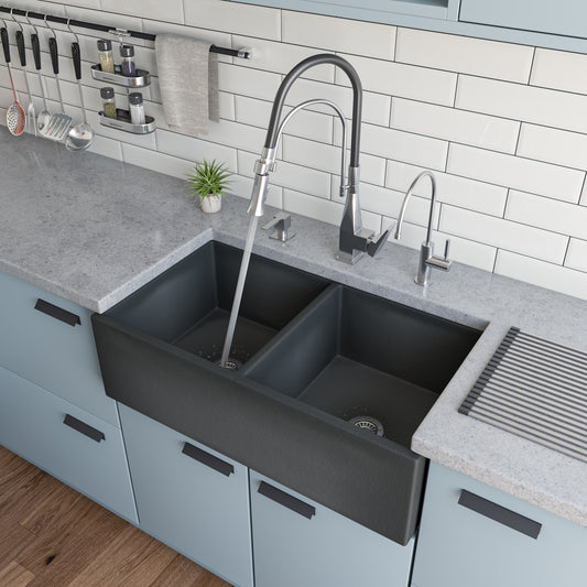 Concrete Color 33 inch Reversible Double Fireclay Farmhouse Kitchen Sink