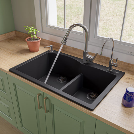 Black 33" Double Bowl Drop In Granite Composite Kitchen Sink