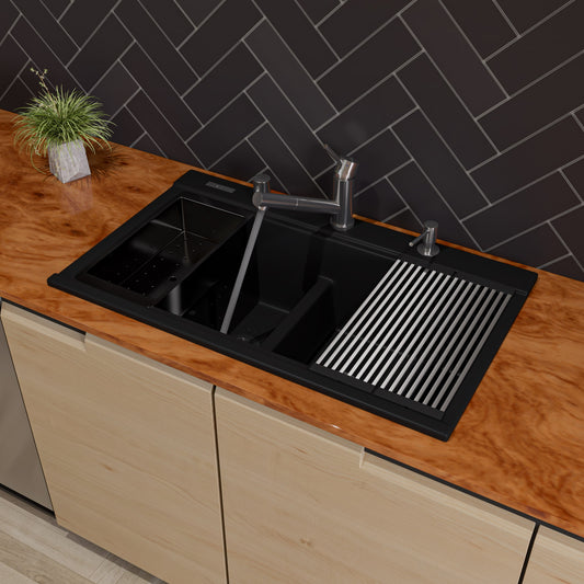 Black 33" Granite Composite Workstation Step Rim Double Bowl Drop In Sink with Accessories