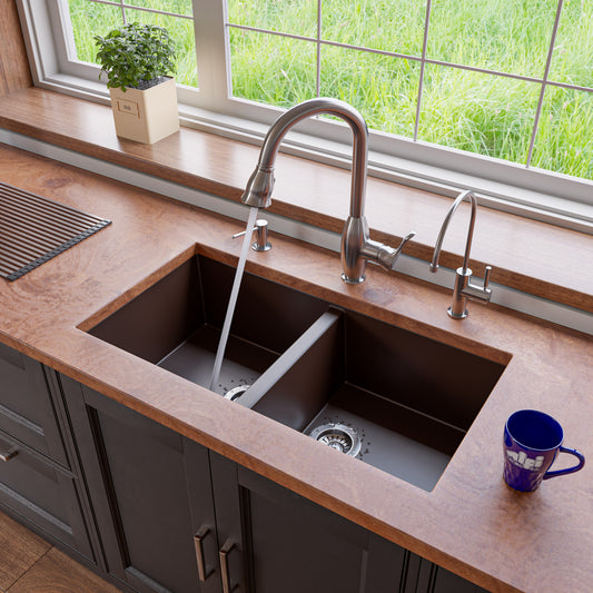 Chocolate 34" Undermount Double Bowl Granite Composite Kitchen Sink