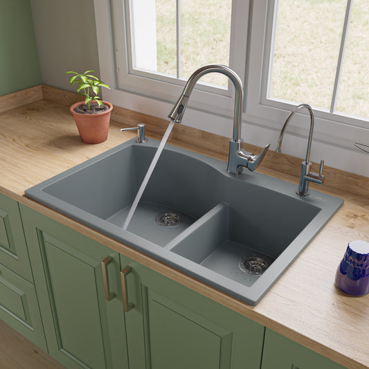 Titanium 33" Double Bowl Drop In Granite Composite Kitchen Sink
