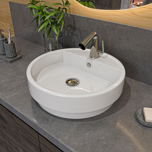 White 19" Round Semi Recessed Ceramic Sink with Faucet Hole