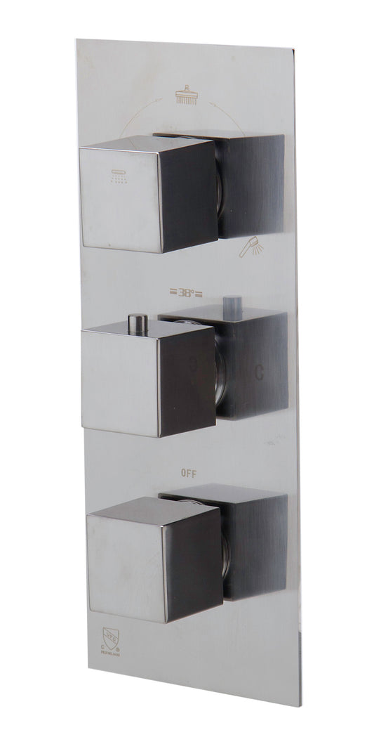 Brushed Nickel Concealed 3-Way Thermostatic Valve Shower Mixer Square Knobs