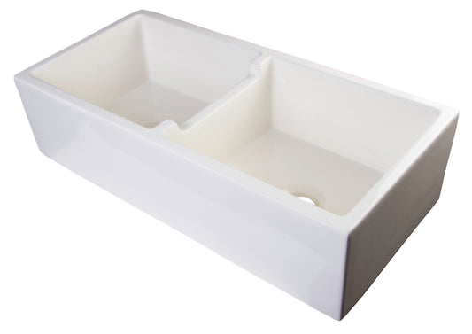 39" Biscuit Smooth Apron Thick Wall Fireclay Double Bowl Farm Sink
