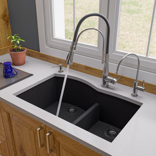 Black 33" Double Bowl Undermount Granite Composite Kitchen Sink