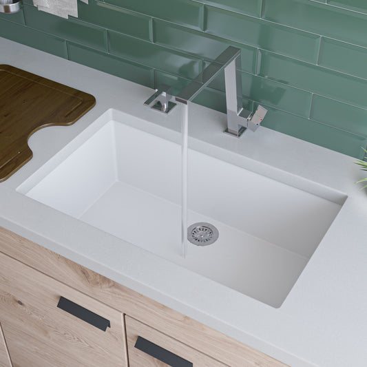 White 30" Undermount Single Bowl Granite Composite Kitchen Sink