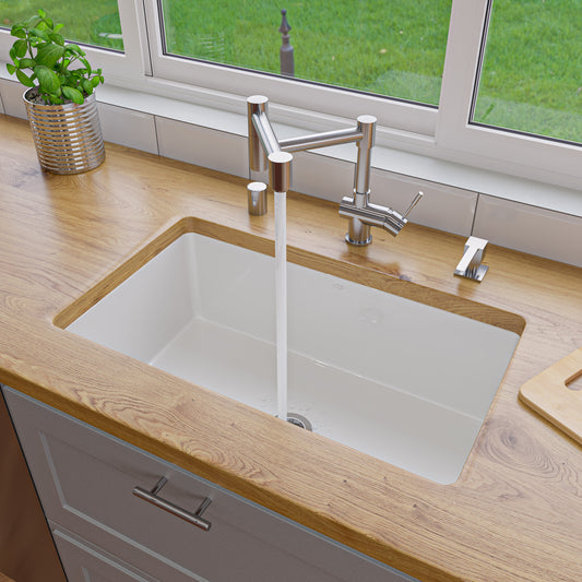 White 30" x 18" Fireclay Undermount / Drop In Fireclay Kitchen Sink w Grid