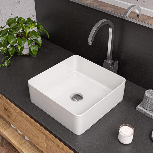 White 16" Modern Square Above Mount Ceramic Sink