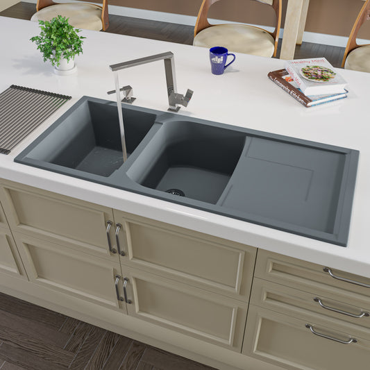 Titanium 46" Double Bowl Granite Composite Kitchen Sink with Drainboard