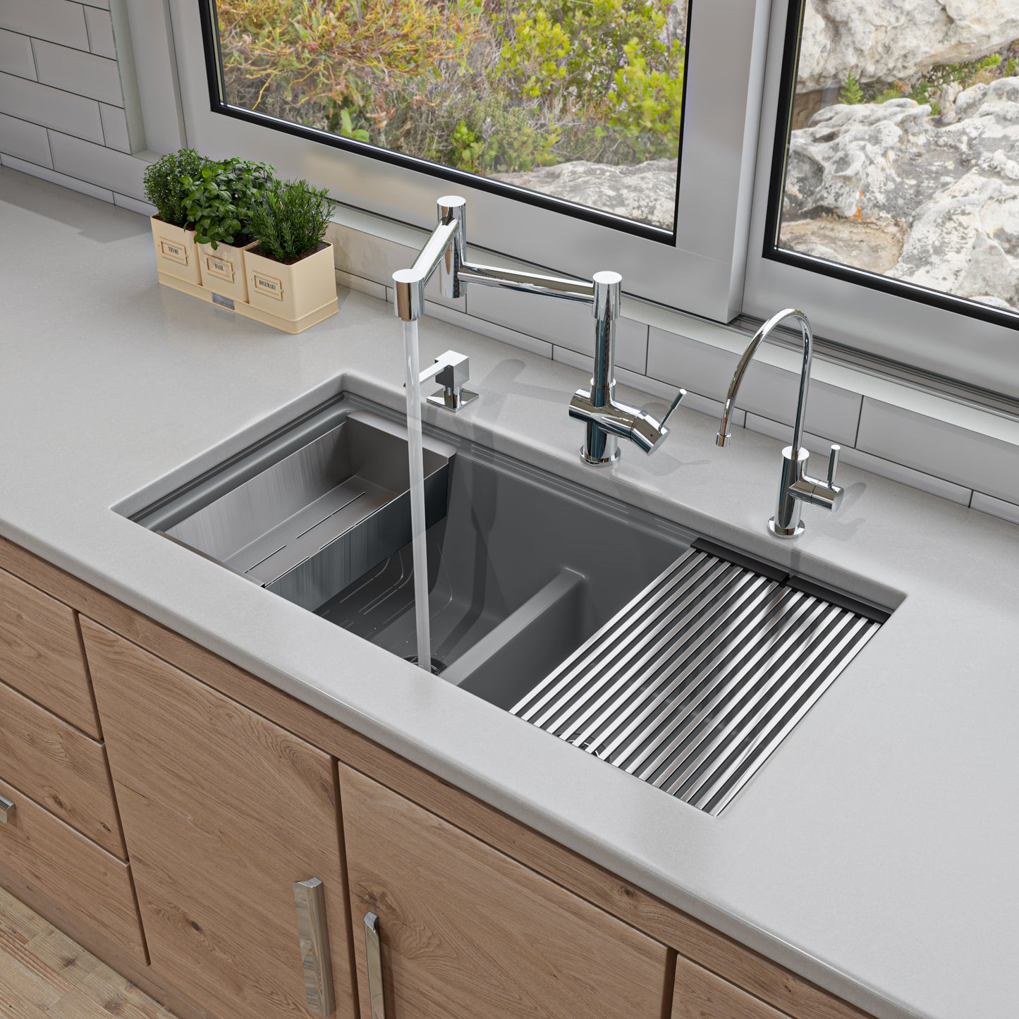Titanium 33" Granite Composite Workstation Step Rim Double Bowl Undermount Sink with Accessories