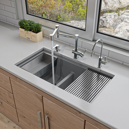 Titanium 33" Granite Composite Workstation Step Rim Double Bowl Undermount Sink with Accessories
