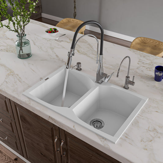 White 32" Drop-In Double Bowl Granite Composite Kitchen Sink