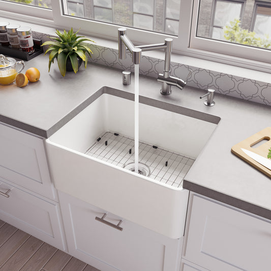 ABF2418 24" White Thin Wall Single Bowl Smooth Apron Fireclay Kitchen Farm Sink