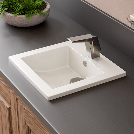 White 17" Square Drop In Ceramic Sink with Faucet Hole