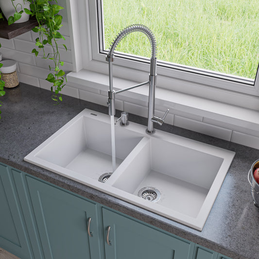 White 34" Drop-In Double Bowl Granite Composite Kitchen Sink