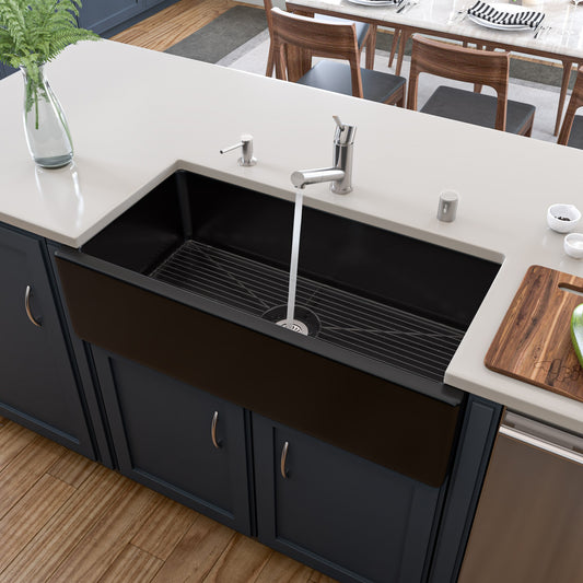 36" Black Gloss Reversible Smooth / Fluted Single Bowl Fireclay Farm Sink