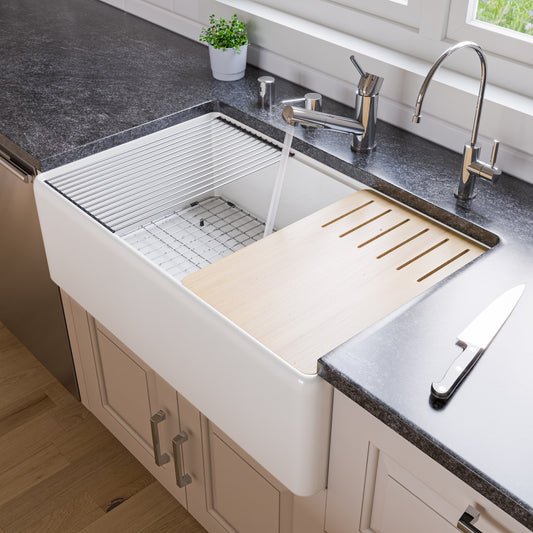 ALFI Brand  White Smooth Apron Workstation 33" x 20" Single Bowl Step Rim Fireclay Farm Sink with Accessories