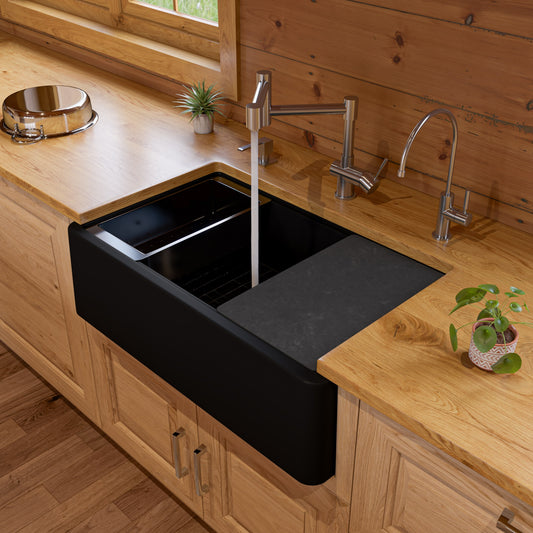 Black 33" Granite Composite Single Bowl Drop In Farm Sink with Accessories