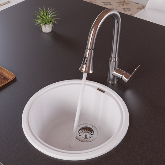 White 17" Drop-In Round Granite Composite Kitchen Prep Sink