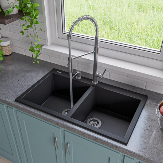 Black 34" Drop-In Double Bowl Granite Composite Kitchen Sink