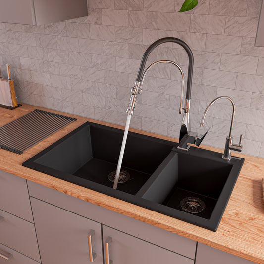 Black 34" Double Bowl Drop In Granite Composite Kitchen Sink