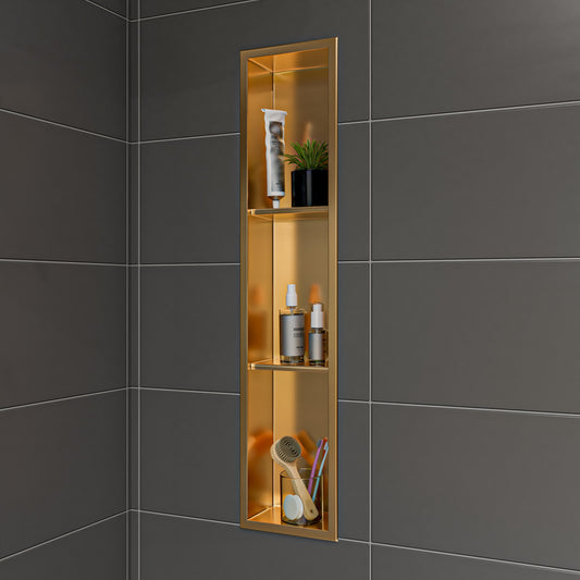 8" x 36" Brushed Gold PVD Stainless Steel Vertical Triple Shelf Shower Niche