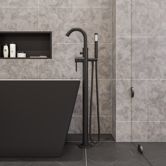 Black Matte Single Lever Floor Mounted Tub Filler Mixer w Hand Held Shower Head