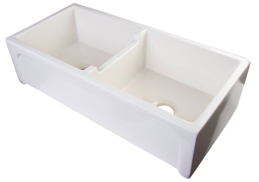 39" Biscuit Arched Apron Thick Wall Fireclay Double Bowl Farm Sink