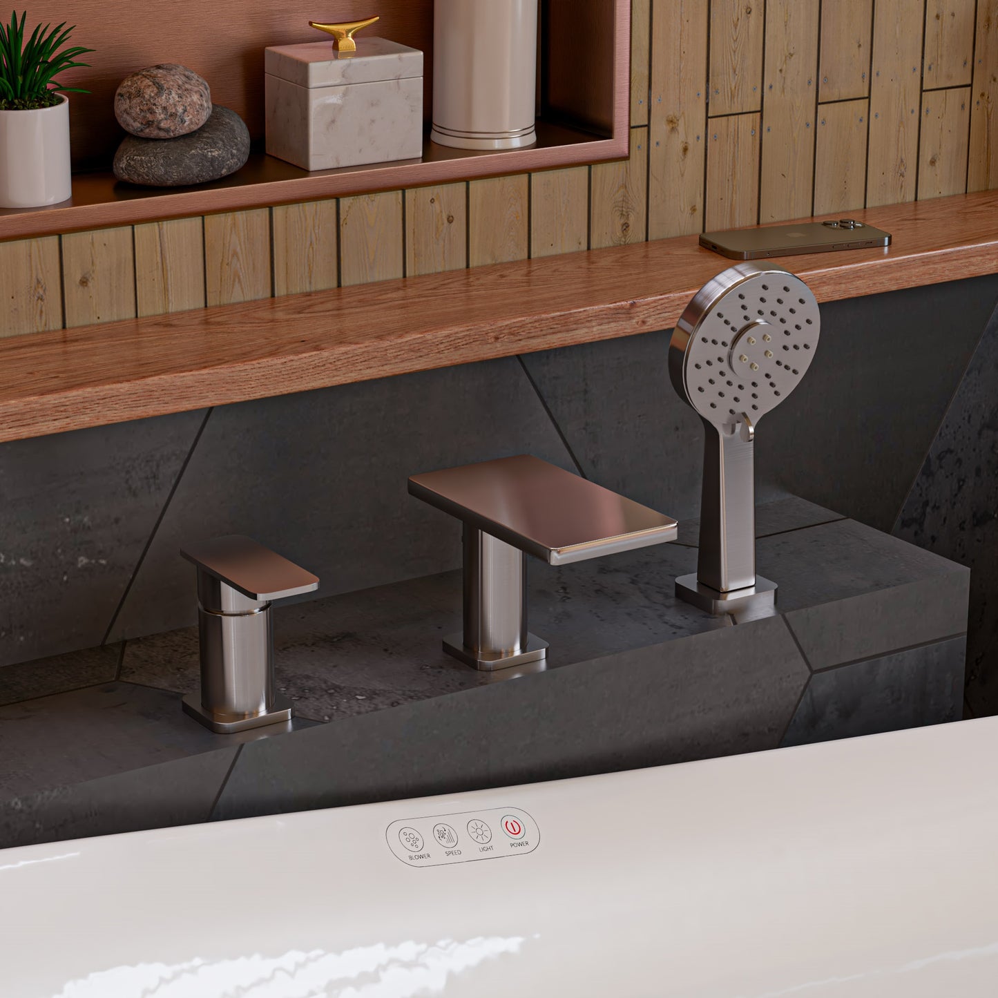 Brushed Nickel Deck Mounted Tub Filler with Hand Held Showerhead
