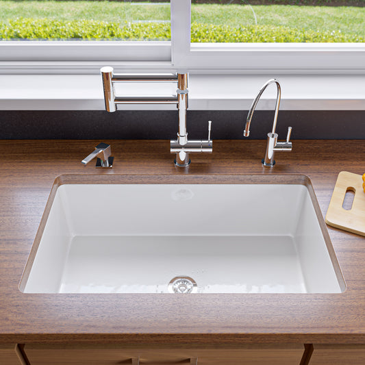 White 32" x 19" Single Bowl Fireclay Undermount / Drop In Fireclay Kitchen Sink w Grid