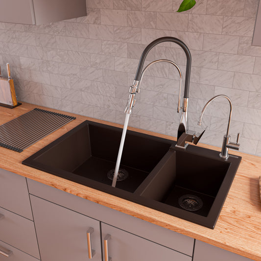 Chocolate 34" Double Bowl Drop In Granite Composite Kitchen Sink