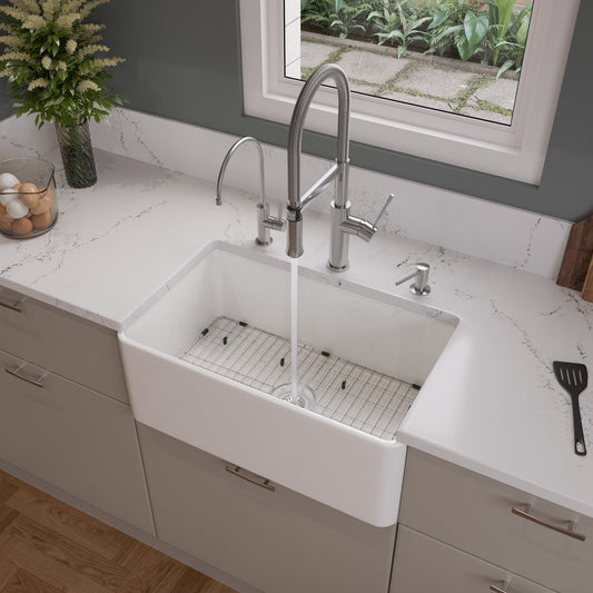 ABF3018 30" White Thin Wall Single Bowl Smooth Apron Fireclay Kitchen Farm Sink