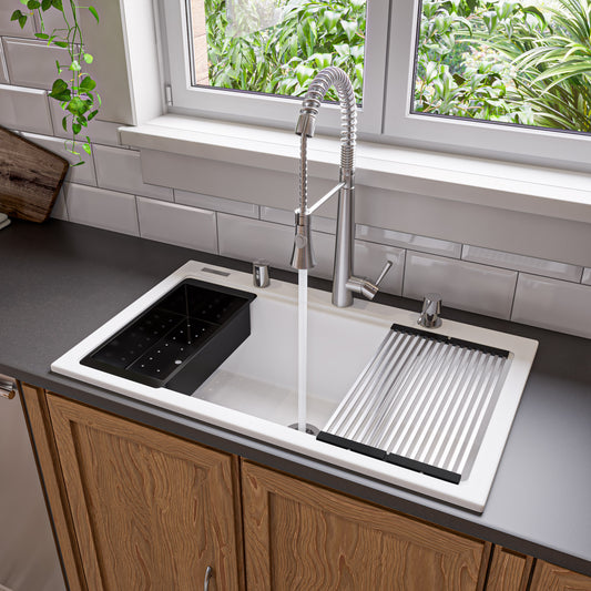 White 33" Granite Composite Workstation Step Rim Single Bowl Drop In Sink with Accessories