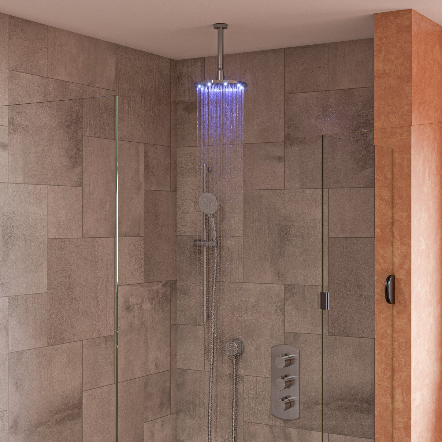 Brushed Nickel 8" Round Multi Color LED Rain Shower Head