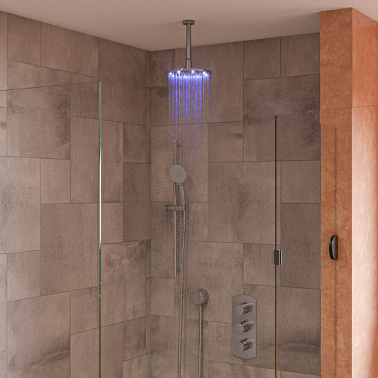Brushed Nickel 8" Round Multi Color LED Rain Shower Head